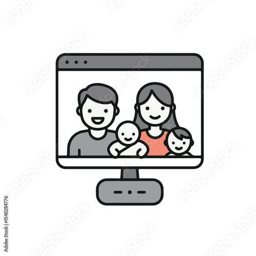 Family portrait on the computer screen. A symbol of family, technology, and virtual communication. 