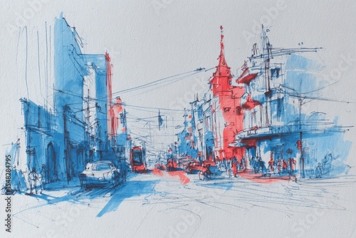 City Street Sketch in Blue and Red Tones