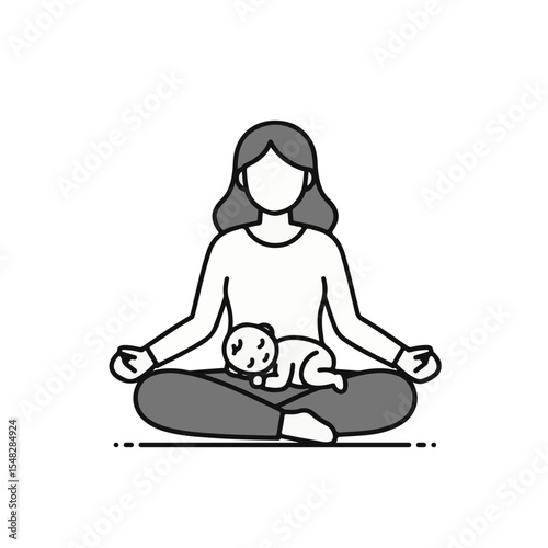 A peaceful woman meditating with a cute cat on her lap.