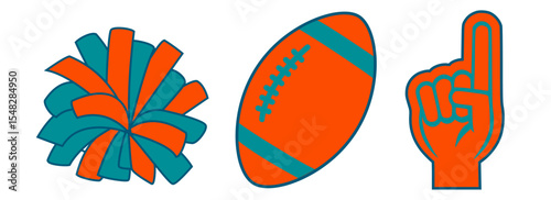 Cheerleading Vector Set. Foam finger , a Football and a Cheerleader Pom-pom.
