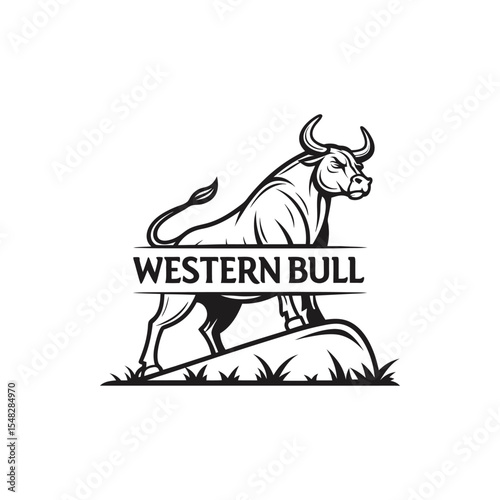 Powerful Western bull standing on rock, black and white logo illustration