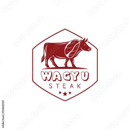 Wagyu Steak Logo: Red Cow Silhouette with Steak Graphic in Hexagon