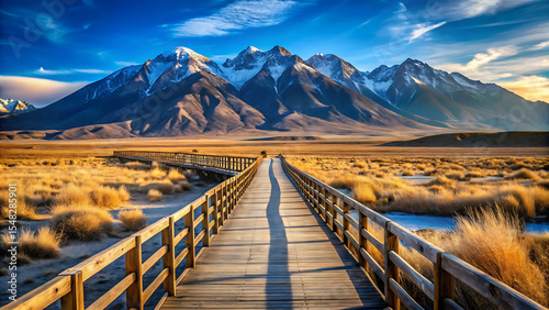 Wooden bridge leading to majestic snow capped mountains