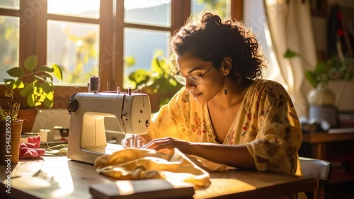 Woman sews at a vintage machine sunbeams streaming through a window Green plants and mountains visible crafting a peaceful sewing scene Home projects and relaxing atmosphere