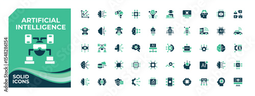 Artificial Intelligence colorful solid icon set. Related to machine, science, ai, intelligence, technology and more. Minimalist icons collection. Pixel perfect. Vector illustration.