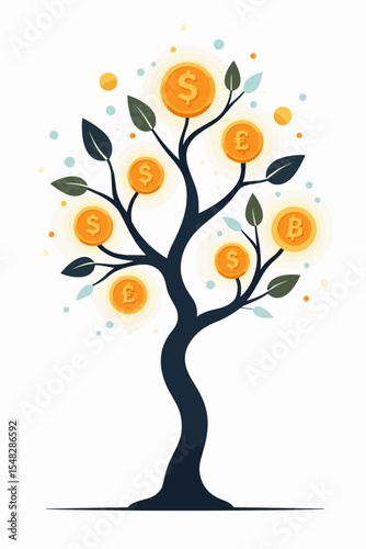 Stylized tree with currency coins representing financial growth and wealth concept