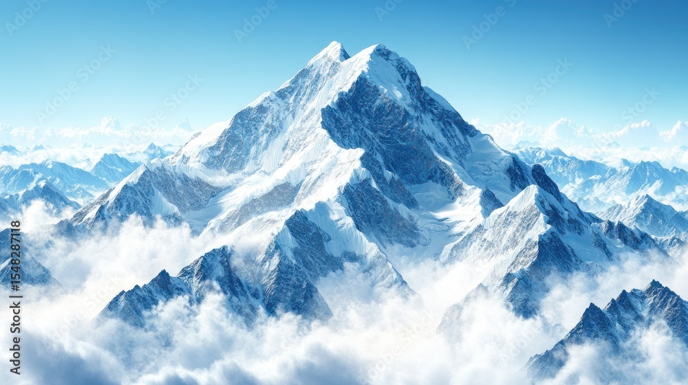 Fototapeta premium Snowy mountain peak above clouds