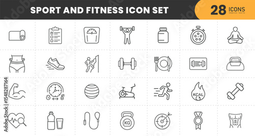  Fitness and sport - thin line editable stroke icon set. outline vector collection. simple web symbols.
