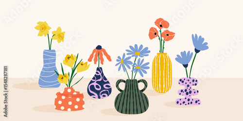 Modern vases with flowers. Minimal floral bouquet in pottery, contemporary simple clay vessels with blossom plants, flat cartoon decorative pots. Vector abstract set