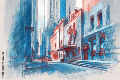 City Street Sketch in Blue and Red Tones