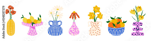 Contemporary vases with flowers. Minimal pottery vessels with floral bouquet and citrus fruits, modern clay pottery vessel with blooming plants flat cartoon style. Vector abstract set