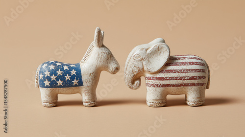 old democratic donkey and republican elephant toys facing off