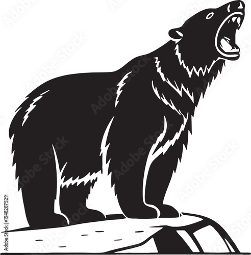 Roaring bear standing on a rock with bold black silhouette style. Perfect for powerful logos, outdoor branding, wildlife conservation designs, and adventure apparel.