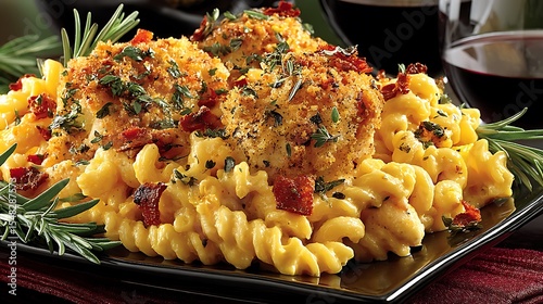 the image shows a black rectangular plate filled with spiral pasta covered in a creamy sauce, topped with round, breaded items