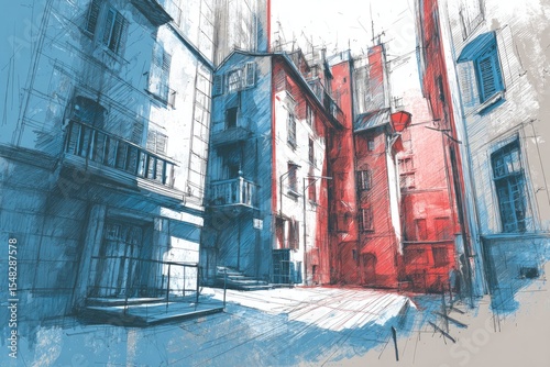 City Street Sketch in Blue and Red Tones