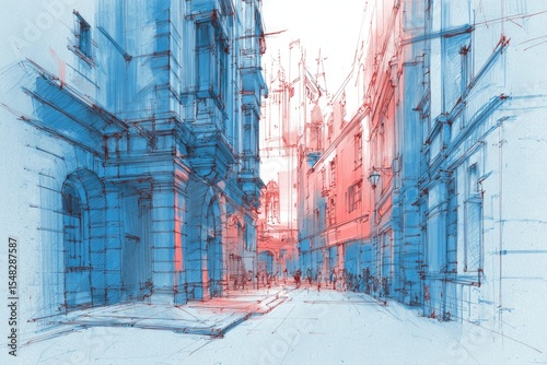 City Street Sketch in Blue and Red Tones