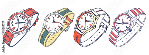 Four stylish wristwatches with colorful straps