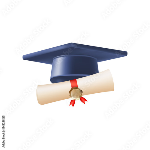 3d diploma scroll with graduate hat. Vintage roll paper