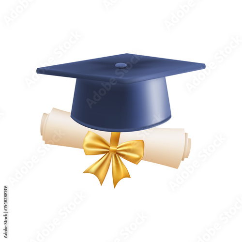 3d diploma scroll with graduate hat. Vintage roll paper
