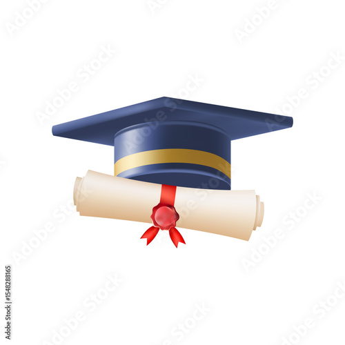 3d diploma scroll with graduate hat. Vintage roll paper