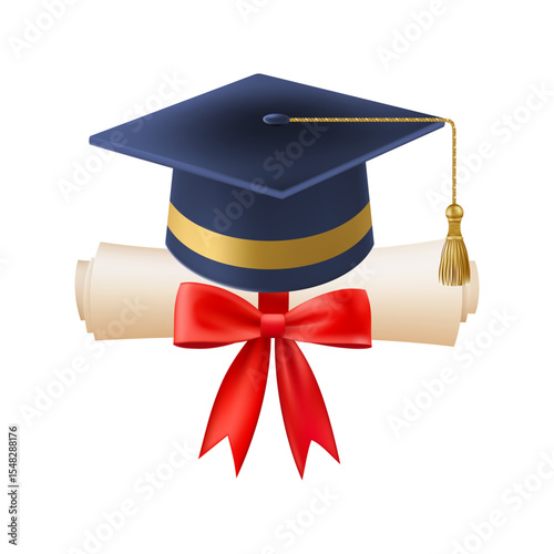 3d diploma scroll with graduate hat. Vintage roll paper