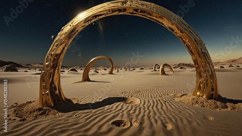3D rendering of an arches in the desert at night.
