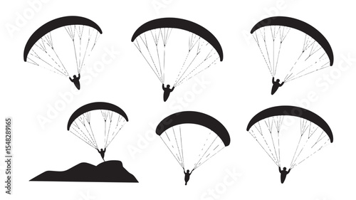 Seven Black Silhouette Paragliders Flying Over a Hilltop White Background Sport Recreation Activity Illustration