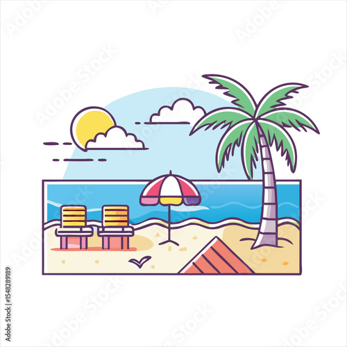 A beautiful cartoon illustration of a tropical beach scene in summer
