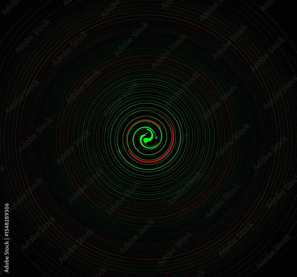Obraz premium Neon light green color swirl circle on black background. Crypto item. Cryptographic. New digital asset. Tech card. Metaverse. Music sound. NFT. Pop art. Cyber security. Network Solutions. Round