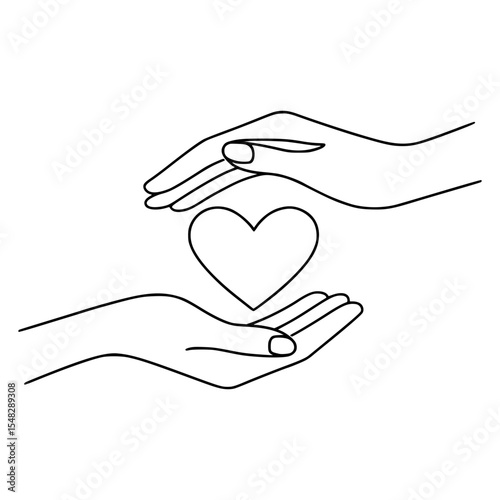 Line art of hands protecting a heart symbol
