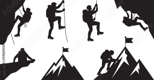 Seven Black Silhouettes Mountain Climbers Ascending Steep Rocks Reaching Summit Peak Success climbing