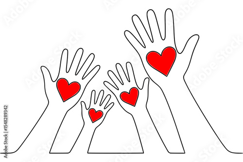 Diverse Outstretched Hands with Red Hearts Symbolizing Love and Care
