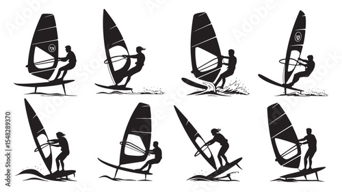 Seven Black Silhouettes Windsurfers Water Sports Action Set Sailboard Foiling Extreme Sports Illustration