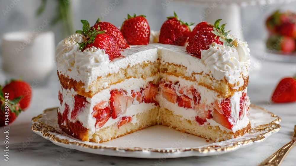 Elegant strawberry layer cake with cream cheese frosting and whole strawberries on top Elegant strawberry layer cake with cream cheese frosting and whole strawberries on top