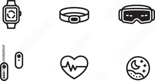 Six Black Line Art Icons Depicting Smartwatch Sleep Tracker Heart Rate Monitor Sleep Mask Fitness Tracker and