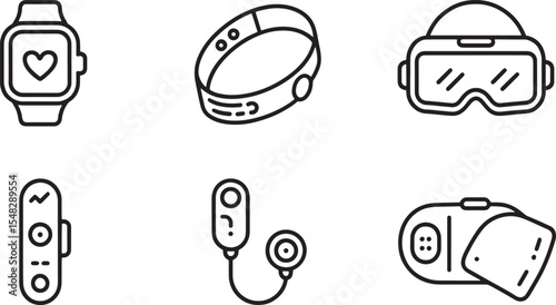 Six Black Line Art Wearable Tech Icons Smartwatch Fitness Tracker V R Headset Health Monitor and More