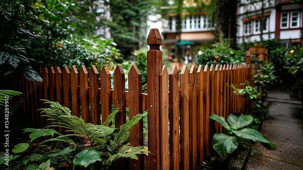 Obraz premium Wooden fence with pointed pickets surrounded by lush green plants in a garden setting