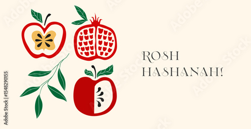 Rosh Hashanah greeting card hand drawn stye for Shana Tova holidays, Jewish New Year. Pomegranate, apple, leaves vector