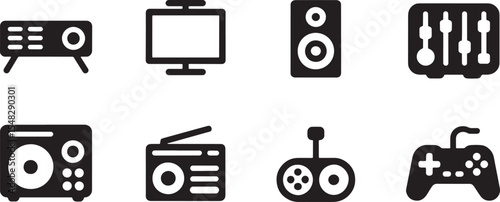 Eight Black Silhouette Icons of Electronic Devices Projector Television Speaker Audio Mixer Stereo Radio Remote