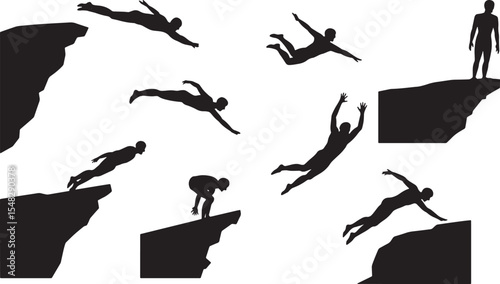 Eight Black Silhouettes Cliff Divers Jumping from Rocks White Background diving