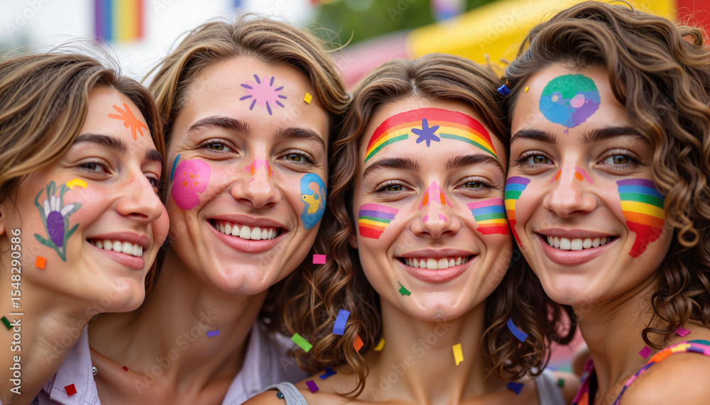 Fototapeta premium Joyful celebration of friendship with painted faces at festival, unity