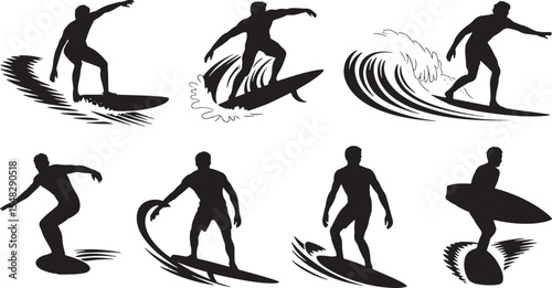 Eight Black Silhouettes of Surfers Riding Various Waves Ocean Surfing Set white