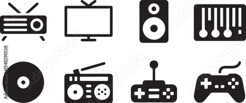 Eight Black Silhouettes of Vintage and Modern Media Devices Including Radio Television Speaker Mixer Record