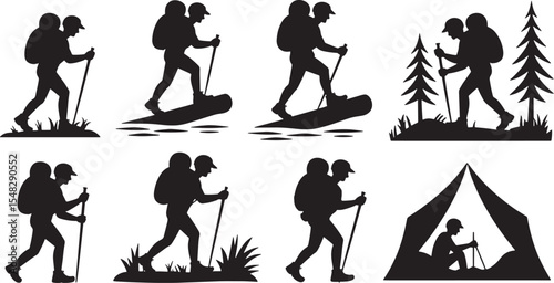 Eight Black Silhouettes Trekkers Hiking Backpacks Sticks Nature Camping Tent vector