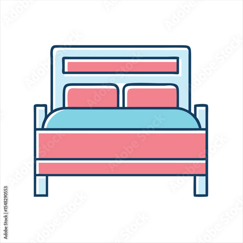 Simple cartoon illustration of a double bed in pink and blue