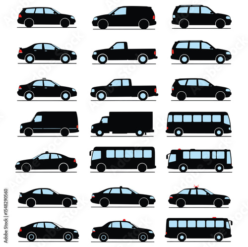 Collection of Vehicle Silhouettes Cars, Trucks, Buses, Vans – Vector Illustration