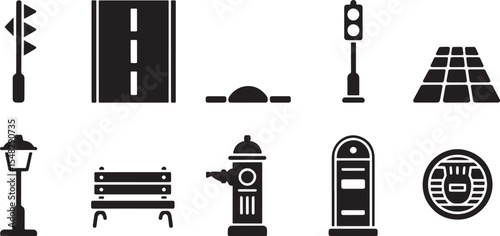 Nine Black Silhouette Street Icons Set Road Traffic Light Lamp Bench Fire Hydrant Kiosk Manhole Cover