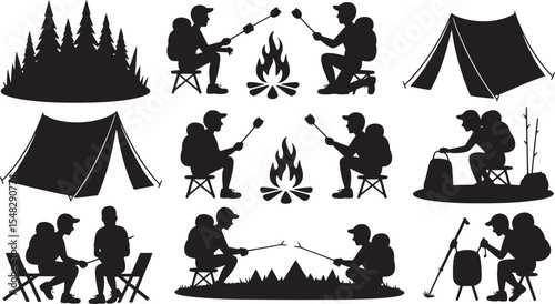 Nine Black Silhouettes Campers Roasting Marshmallows Campfire Tents Forest Setting camping