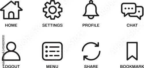 Nine Minimalist Black Line Art Icons Home Settings Profile Chat Logout Menu Share Bookmark vector