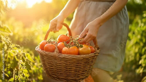 Sunlit harvest shows a woman gathering ripe tomatoes in a woven basket Garden plants surround her in a scene of abundance and rural simplicity organic gardening